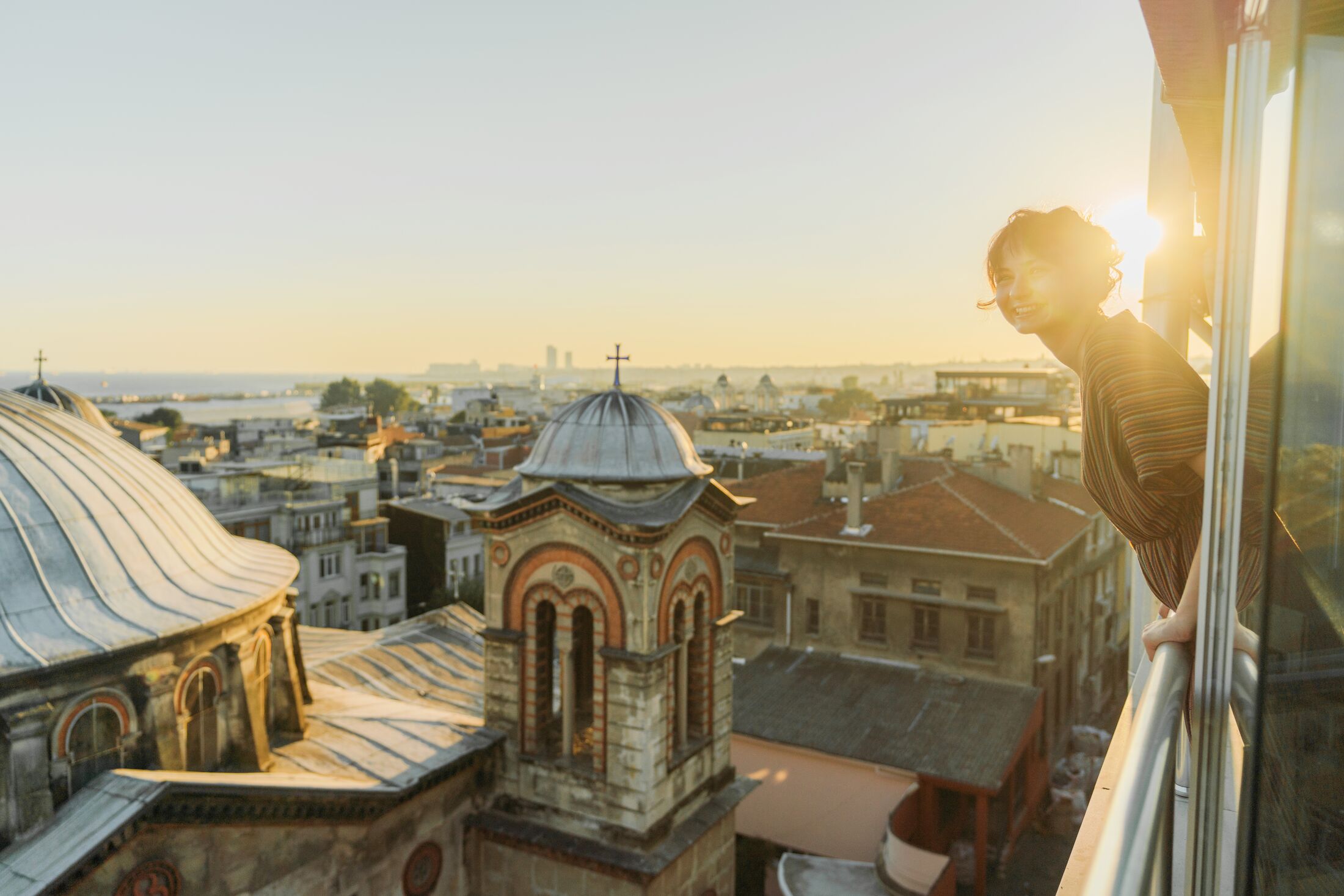 Young Caucasian woman looking at scenic view of Istanbul